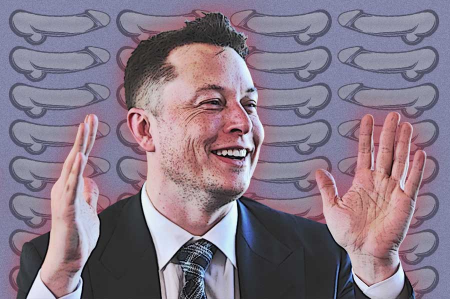 Elon Musk holding up his hands against a backdrop of penises